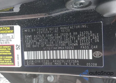 2021 Toyota Camry Se Nightshade Edition z USA, uszkodzony, nr VIN 4T1G11AK3MU410092